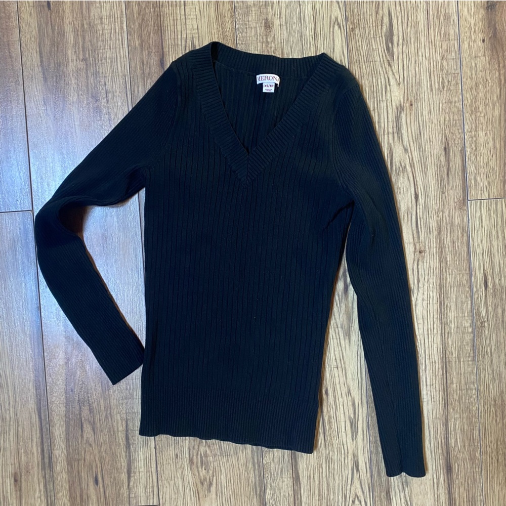 Black V Neck Ribbed Long Sleeve